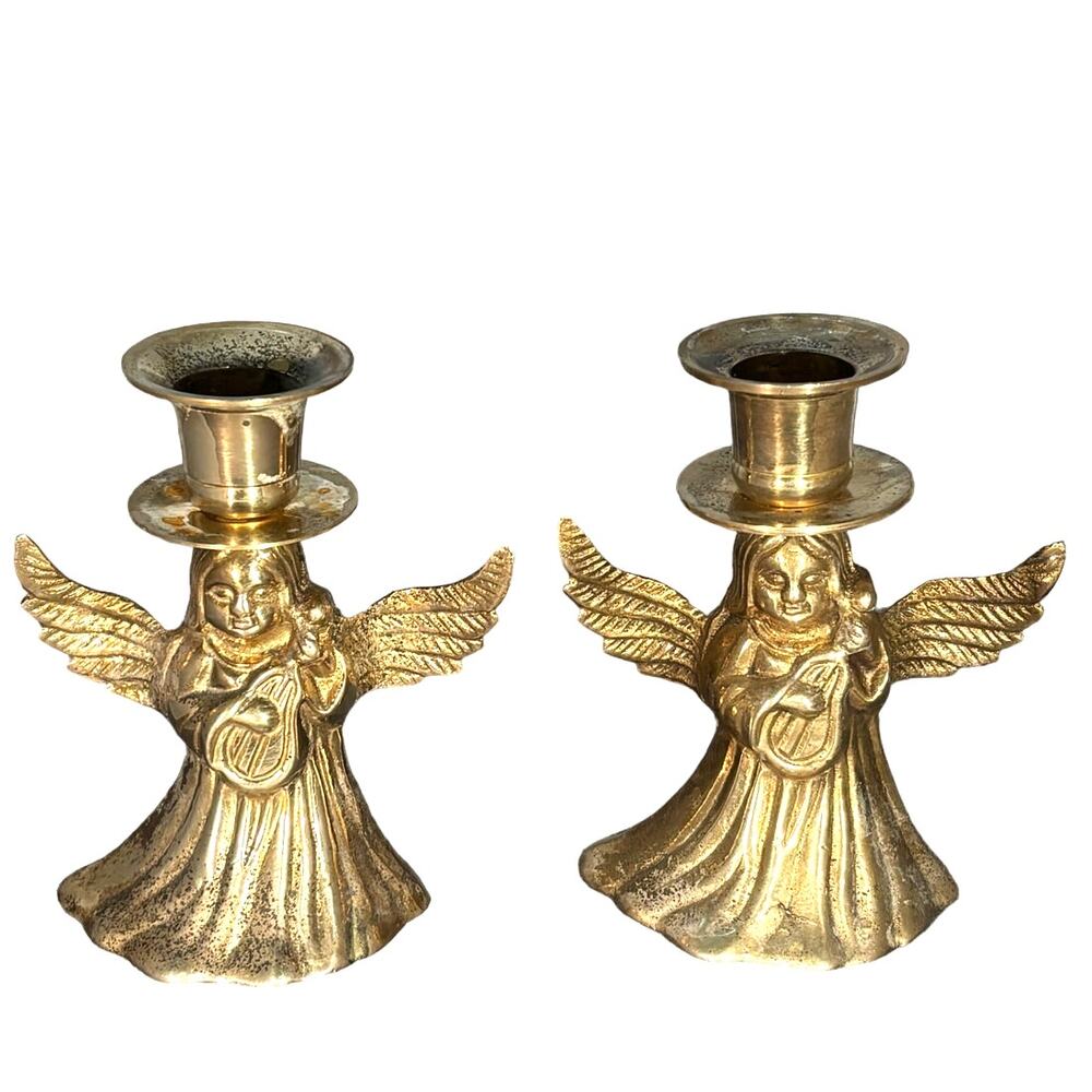 Pair of Vintage Brass Angel Candlestick Holders Candle Stick Christmas 4.25"